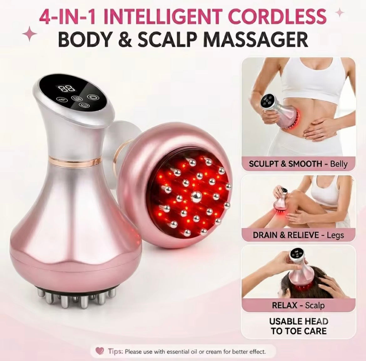 Masajeador Corporal y Capilar Inalámbrico 4 en 1 con Luz Roja